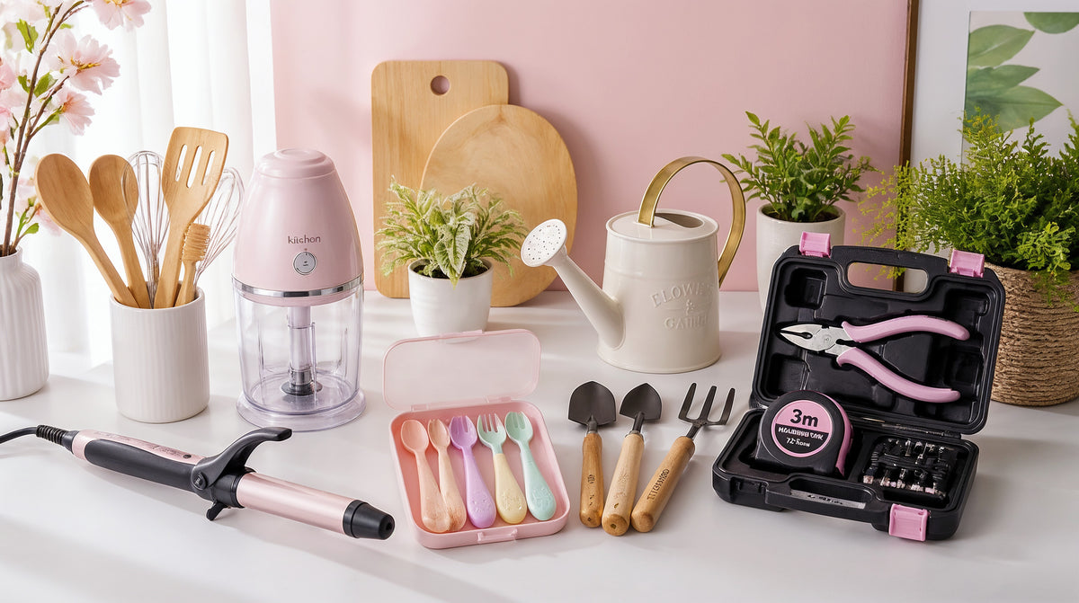 MIMLAM home lifestyle lookbook banner - kitchen, tools, gardening, baby care products flat lay